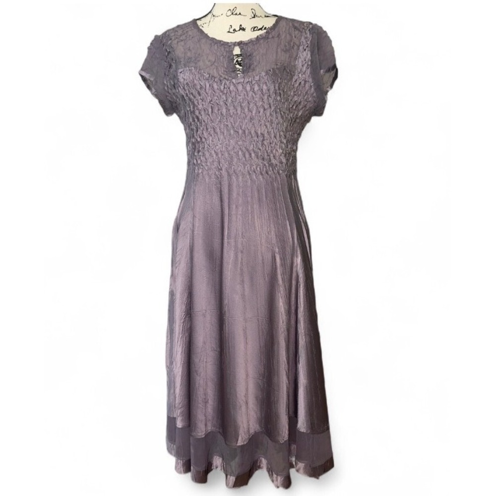 Komarov Sheer‎ Overlay Midi Dress Purple Crinkled Bodice Keyhole